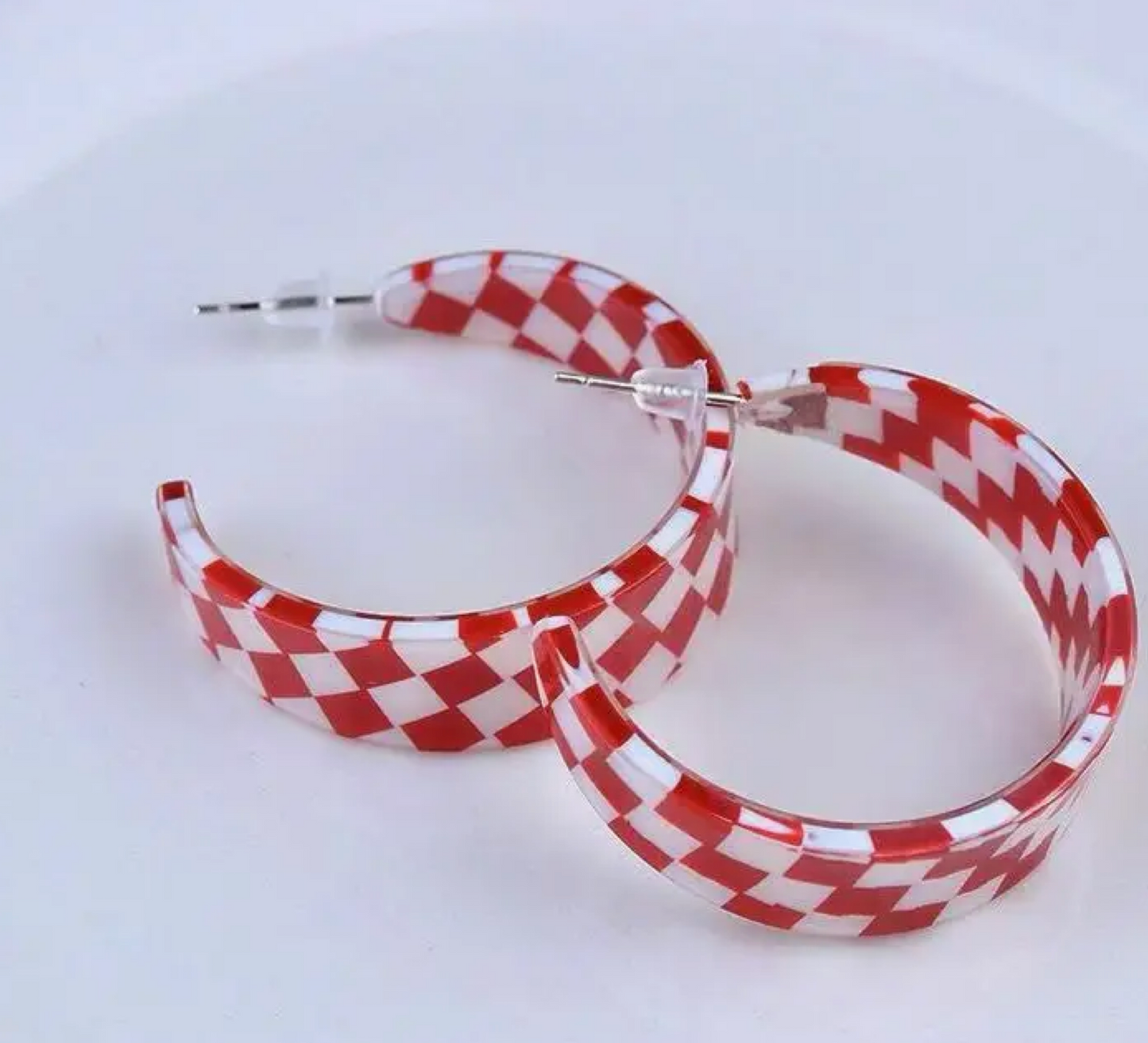 Red Checkered Hoop Earrings